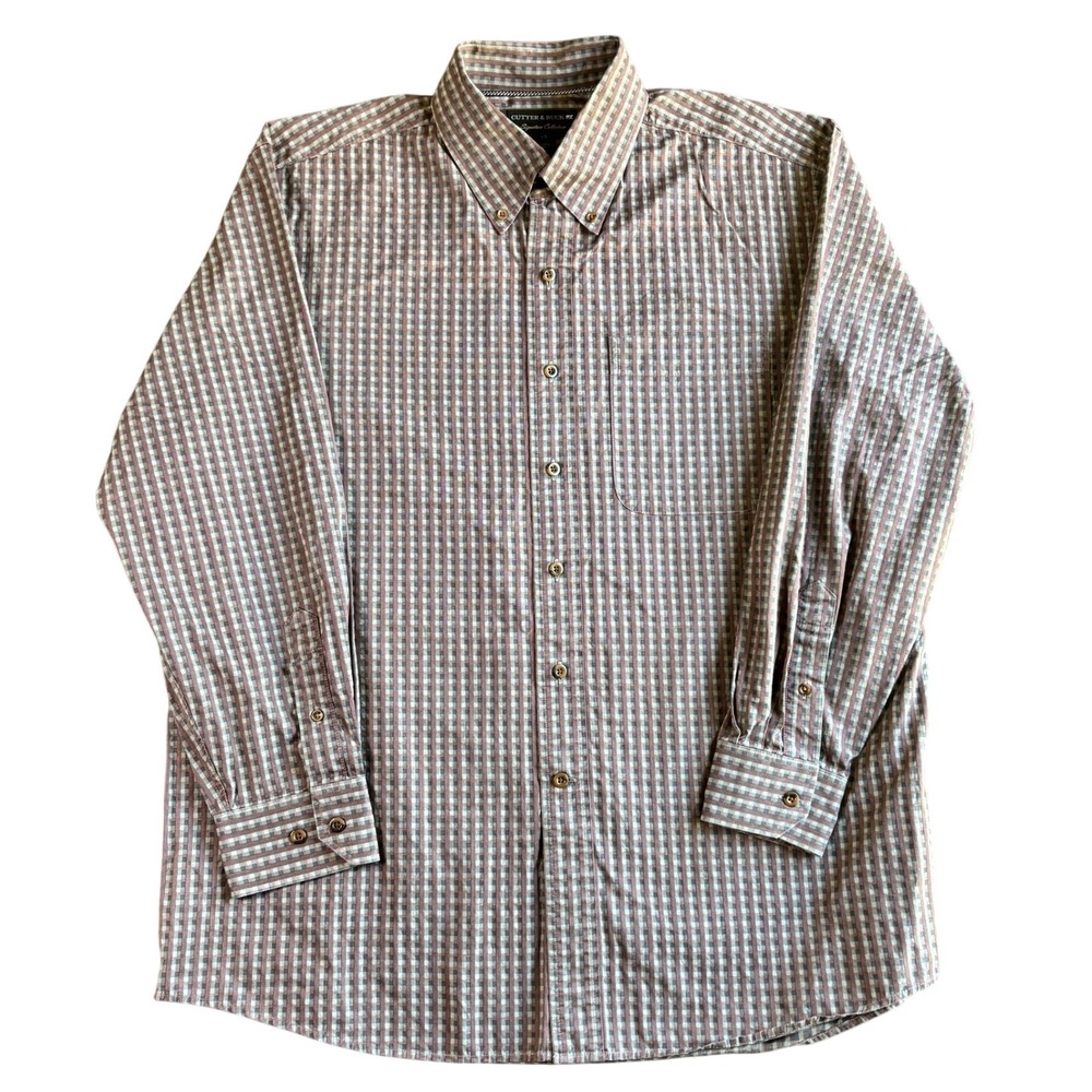 Cutter & Buck Signature Collection Mens Large‎ Brown Check Button Down Shirt